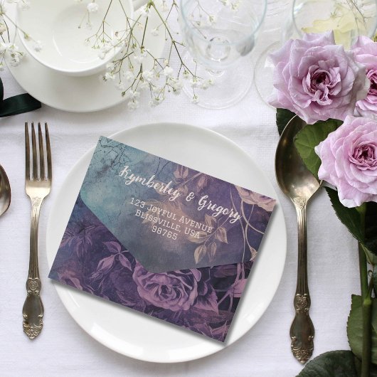 Donkergotische Paarse Lavendel Bloemen QR Code Fot All In One Uitnodiging