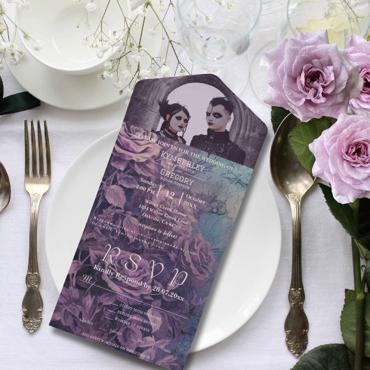 Donkergotische Paarse Lavendel Roos One Photo All In One Uitnodiging