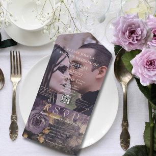 Donkergotische Paarse Roos Bloemen QR Code Foto All In One Uitnodiging