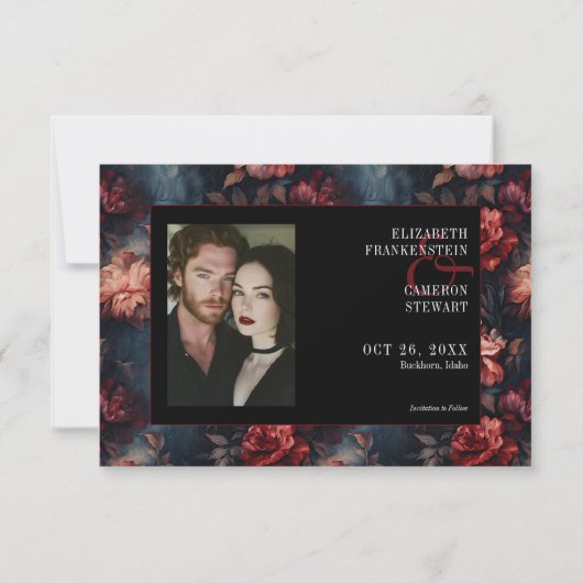 Donkergotische  Rood Roze Bloemen Fotobruiloft Save The Date (Achterkant)