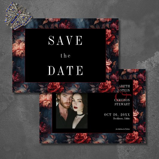 Donkergotische  Rood Roze Bloemen Fotobruiloft Save The Date