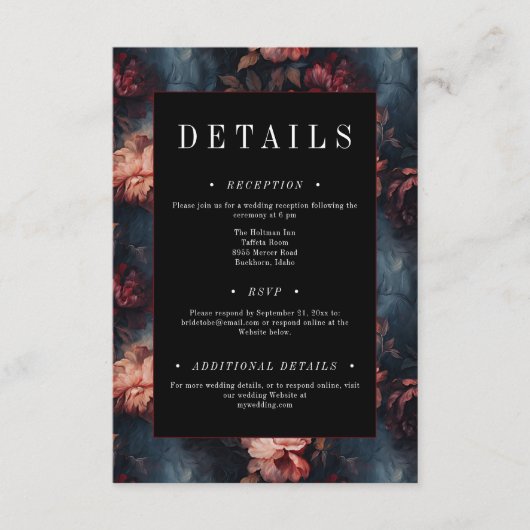 Donkergotische  Rood & Roze Bloemen Huwelijk Informatiekaartje (Voorkant)