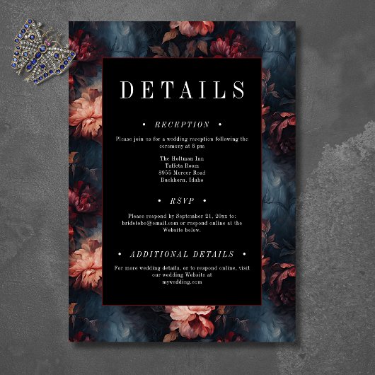 Donkergotische  Rood & Roze Bloemen Huwelijk Informatiekaartje
