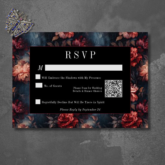 Donkergotische  Rood & Roze Bloemen Huwelijk QR RSVP Kaartje