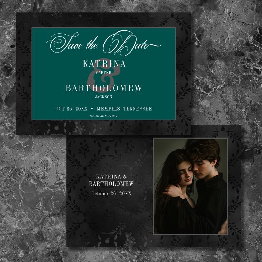 Donkergotische zwarte bloem satijn Damask Blauwgro Save The Date