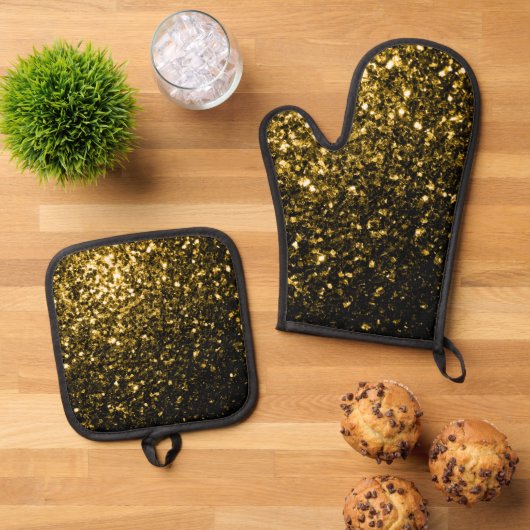 Donkergouden faux glitter schittert ovenwant & pannenlap set (Top down)