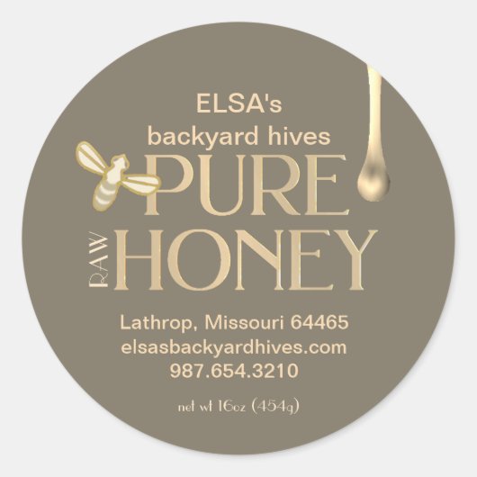 Donkergoudhoning Etiket gepelde honingdruppel en b (Voorkant)