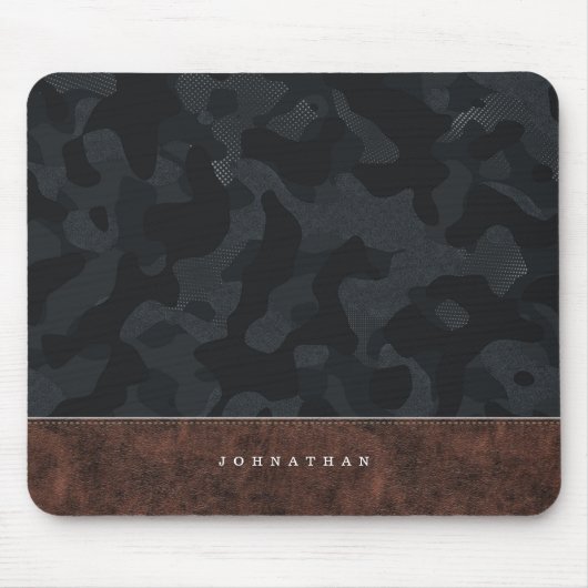 Donkergrijs Camouflage Patroon en leder Muismat (Voorkant)