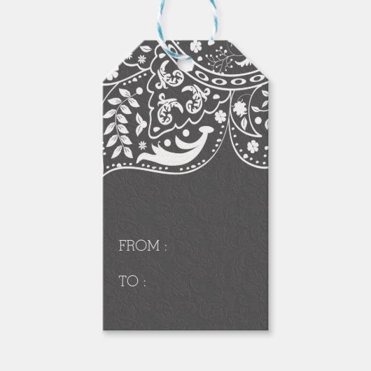 Donkergrijs damast wit kant cadeaulabel (Voorkant)