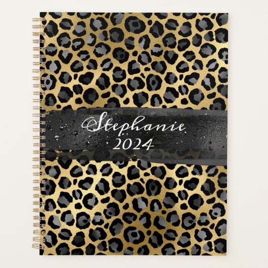 Donkergrijs en goudfolie Luipaard Brush Stroke Planner (Voorkant)
