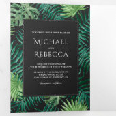 Donkergrijs en Groen Bladgroen Fotobruiloft Drieluik Uitnodiging (Binnenzijde eerst)