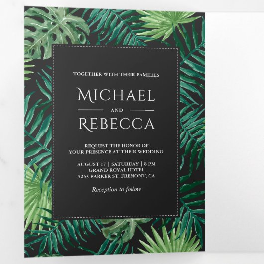 Donkergrijs en Groen Bladgroen Fotobruiloft Drieluik Uitnodiging (Binnenzijde eerst)