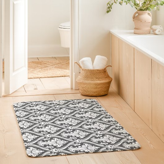 Donkergrijs en wit barok damast patroon badmat
