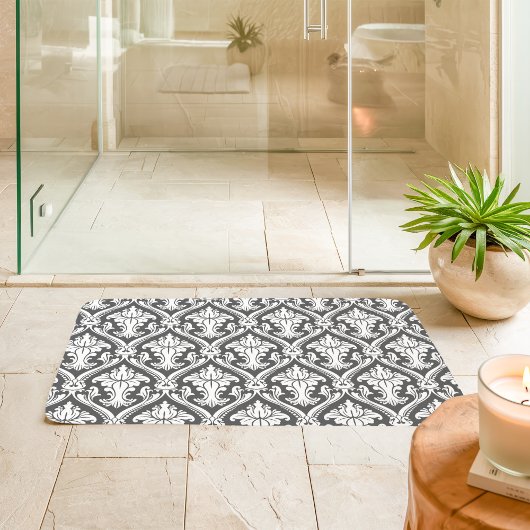 Donkergrijs en wit barok damast patroon badmat