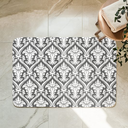 Donkergrijs en wit barok damast patroon badmat