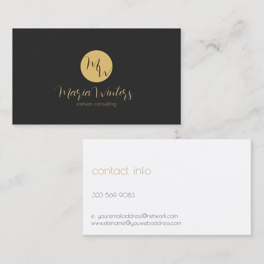Donkergrijs en wit modern monogram, gouden accente visitekaartje (Voorkant / Achterkant)