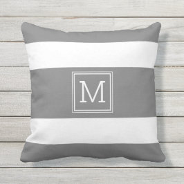 Donkergrijs en witte strepen Eenvoudig monogram Buitenkussen
