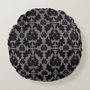 donkergrijs en zwart Damask Pillow Rond Kussen