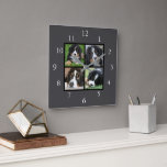 Donkergrijs Familie aangepaste fotocollage Vierkante Klok<br><div class="desc">Familiefotocollage op donkergrijze achtergrondklok. Voeg je eigen persoonlijke foto's toe om de klok te personaliseren.</div>
