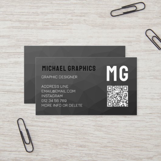 Donkergrijs geometrisch mesh patroon QR code Monog Visitekaartje (Voorkant / Achterkant in situ)