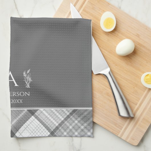 Donkergrijs geplakt gepersonaliseerd naam monogram theedoek (Quarter Fold)