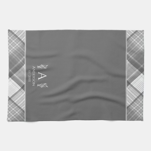 Donkergrijs geplakt gepersonaliseerd naam monogram theedoek (Horizontaal)