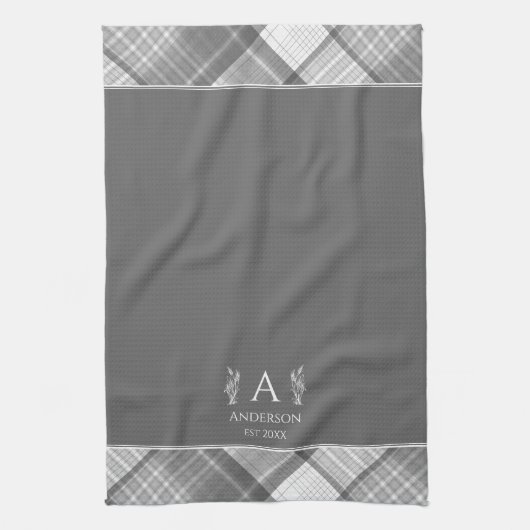 Donkergrijs geplakt gepersonaliseerd naam monogram theedoek (Verticaal)