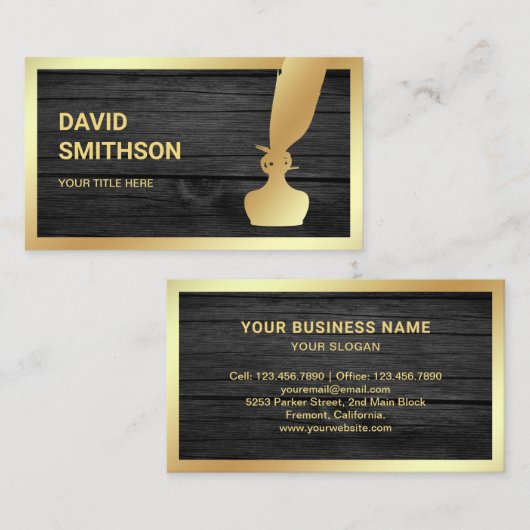 Donkergrijs hout - olie Inkwell doether Quill Pen Visitekaartje (Voorkant / Achterkant)