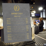 Donkergrijs leder tegen de achtergrond prijslijst fotoplaat<br><div class="desc">Luxe exclusieve prijslijst voor een barber haarstylist winkel in faux goud op een donkergrijs,  elegant lederen achtergrond. Let erop dat de lederen look is gedrukt.</div>