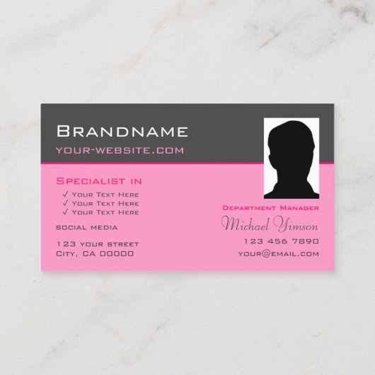 Donkergrijs Lichtroze met Logo en Fotomodern Visitekaartje (Achterkant)