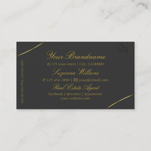 Donkergrijs met gouden decor en luxueus monogram visitekaartje (Achterkant)