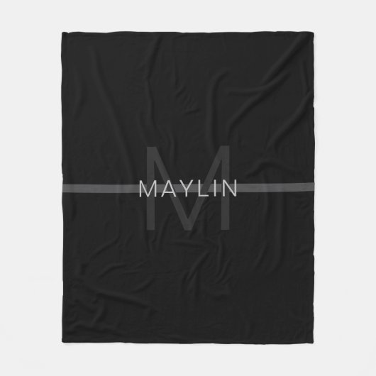Donkergrijs monogram, naam en geometrische streep fleece deken (Voorkant)