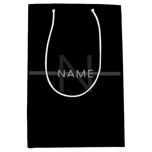 Donkergrijs monogram, naam en geometrische streep medium cadeauzakje (Voorkant)