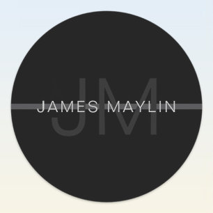 Donkergrijs monogram, naam en geometrische streep ronde sticker