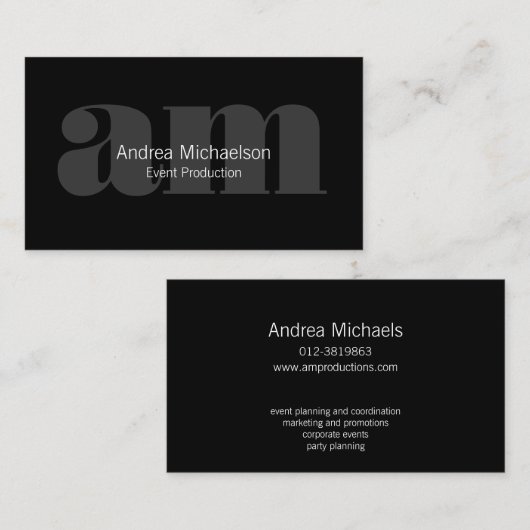 Donkergrijs Monogram op Zwart Horizontaal Visitekaartje (Voorkant / Achterkant)