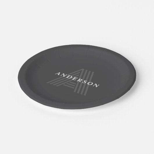 Donkergrijs Retro Moderne Monogrammed Naam Papieren Bordje (Gekanteld)