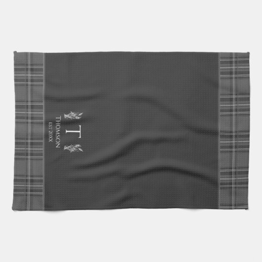 Donkergrijs Tartan Custom Monogram Houtskool Grijs Theedoek (Horizontaal)
