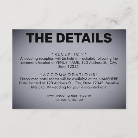 Donkergrijs vignet bruiloft details informatiekaartje (Voorkant)