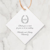 Donkergrijs wit blad ovale krans monogram bruiloft bedankjes labels (Achterkant)