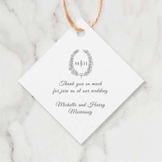 Donkergrijs wit blad ovale krans monogram bruiloft bedankjes labels (Achterkant)