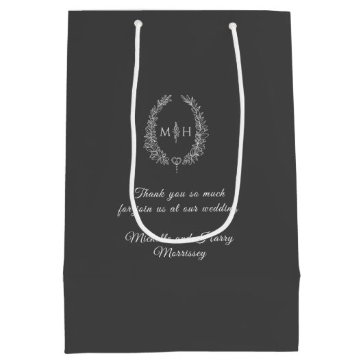 Donkergrijs wit blad ovale krans monogram bruiloft medium cadeauzakje (Achterkant)