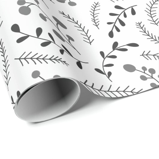 donkergrijs wit bladpatroon cadeaupapier (Rol Hoek)