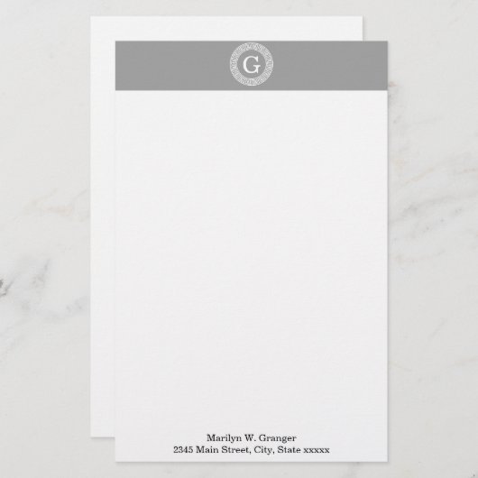 Donkergrijs wit Grieks sleutel Rnd Lijst Initiaal  Briefpapier (Voorkant / Achterkant)