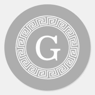Donkergrijs wit Grieks sleutel Rnd Lijst Initiaal Ronde Sticker
