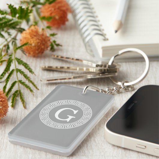Donkergrijs wit Grieks sleutel Rnd Lijst Initiaal  Sleutelhanger (Voorkant Rechts)