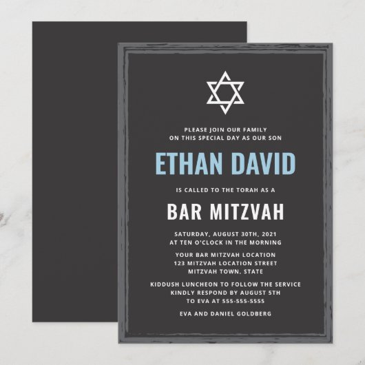 Donkergrijze bar mitswa uitnodiging met ruwe rand (Voorkant / Achterkant)