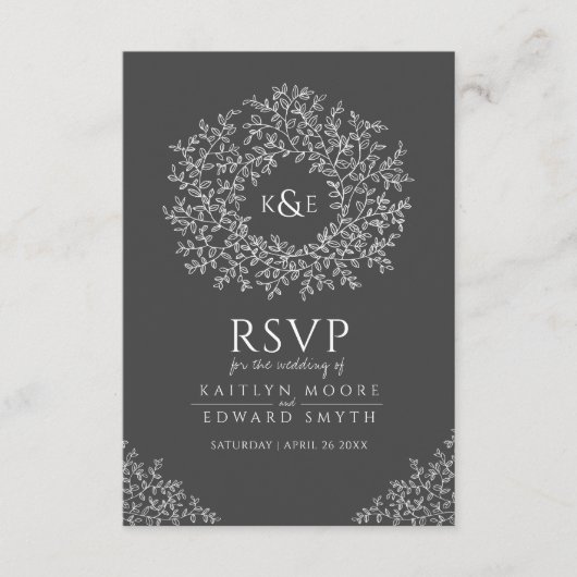 Donkergrijze bladmonogram RSVP bruiloft QR Code Informatiekaartje (Voorkant)