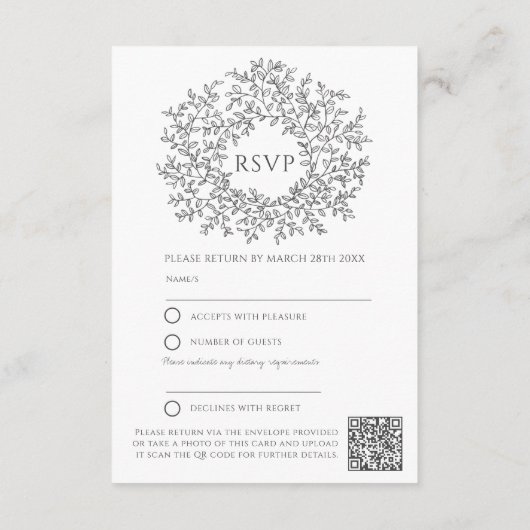 Donkergrijze bladmonogram RSVP bruiloft QR Code Informatiekaartje (Achterkant)