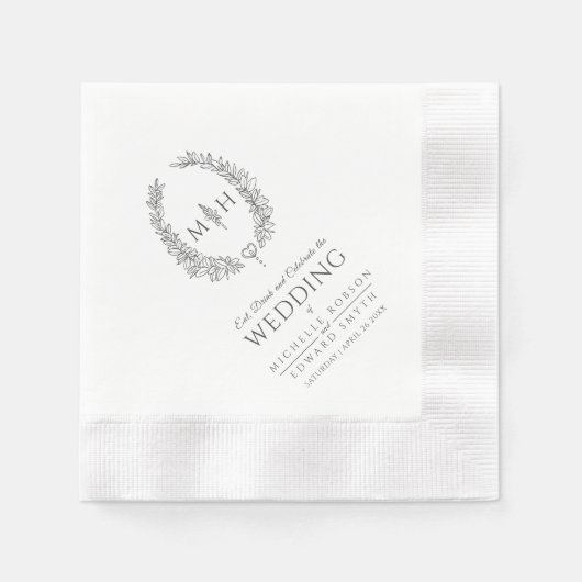 Donkergrijze bladovaal baardmonogram huwelijk servet (Voorkant)