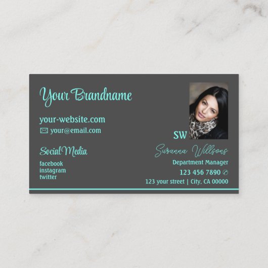 Donkergrijze Blauwgroen strepen met monogram en fo Visitekaartje (Achterkant)